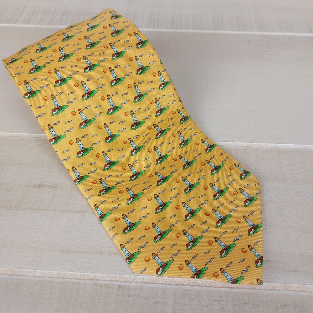 Jos. A Bank Lighthouse Necktie Men's Gold All Silk Hand Sewn USA